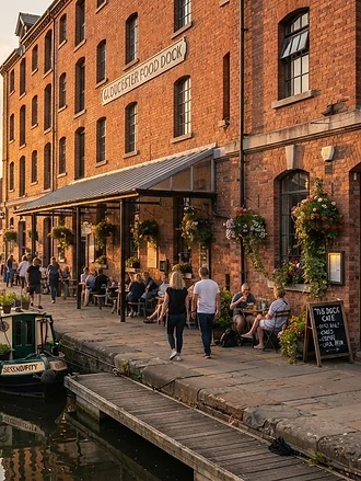 Gloucester Food Dock waterfront at golden hour, home of Hetty's Place
