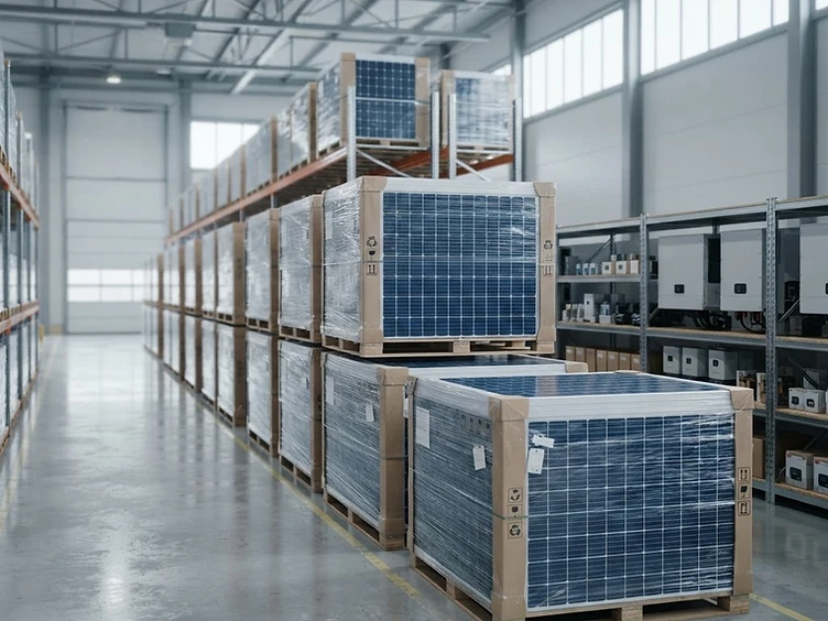 Solar panels and equipment prepared for wholesale international shipment in a warehouse