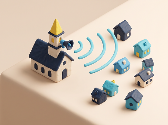 Ilustración 3D de una iglesia transmitiendo su mensaje a una comunidad de casas