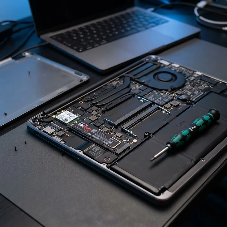 Interior de una notebook abierta en reparación