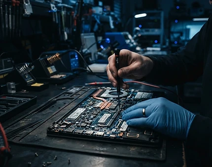 Técnico reparando una notebook en el taller
