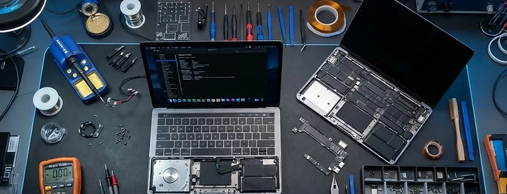 Mesa de trabajo del taller con herramientas y componentes