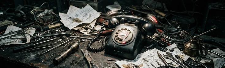 Rommelige werkbank met rinkelende telefoon