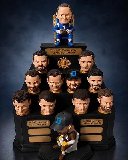 Custom fantasy football trophy with a 3D-printed champion's head on the golden throne