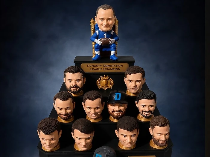 Custom fantasy football trophy with a 3D-printed champion's head on the golden throne