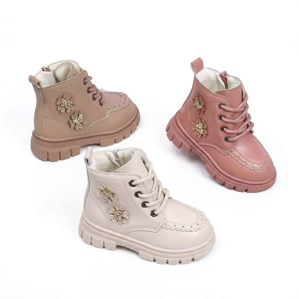 Wholesale Girls Ankle Boots with Floral Rhinestone Embellishments