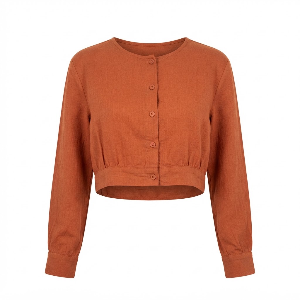 Wholesale Cropped Long Sleeve Linen-Blend Top