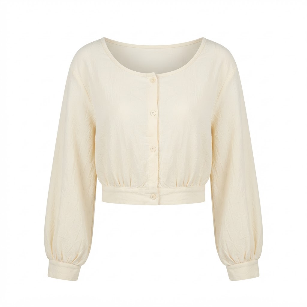 Wholesale Women's Cropped Button-Front Balloon Sleeve Top