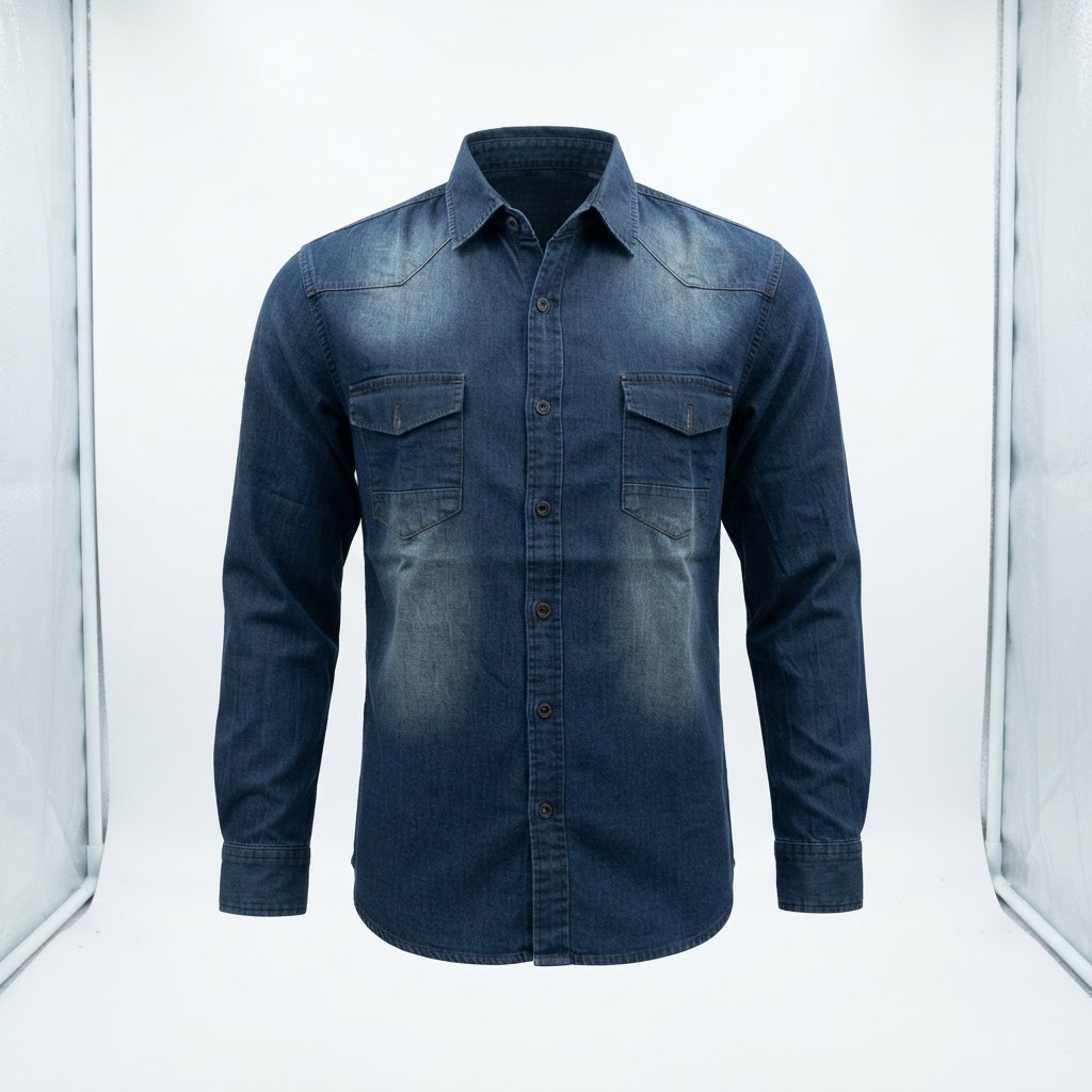 Wholesale Men's Washed Denim Long Sleeve Button-Down Shirt