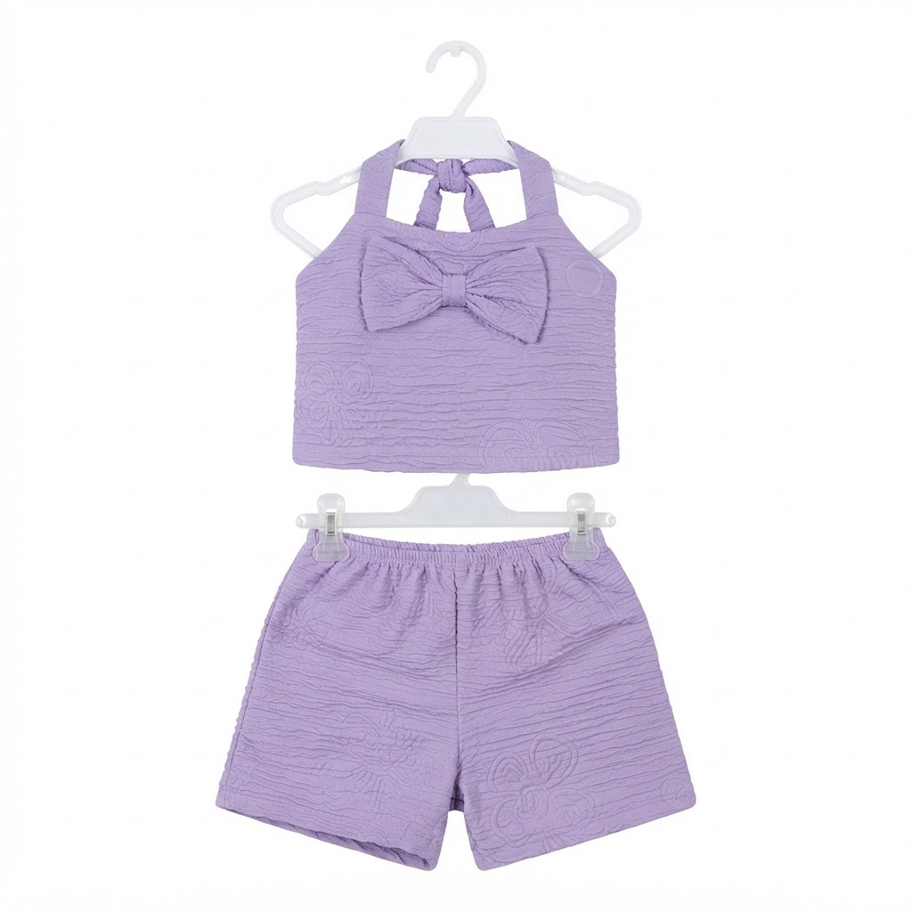 Girls 3-Piece Terno Set with Headband - Lavender Textured Bow Design