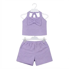 Girls 3-Piece Terno Set with Headband - Lavender Textured Bow Design