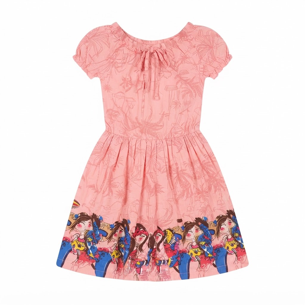 Girls' Character Print Hem Casual Dress - Cotton Floral/Tropical