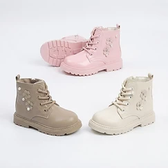Wholesale Kids Girls Floral Ankle Boots with Pearl Accents