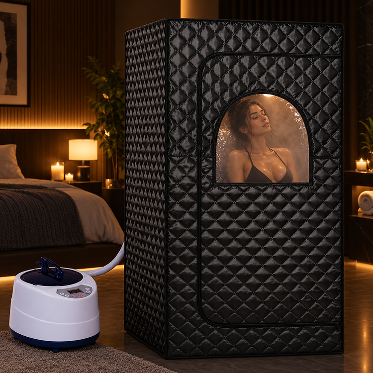 Ayanity Restore portable steam sauna set up beside a bed in a dim bedroom