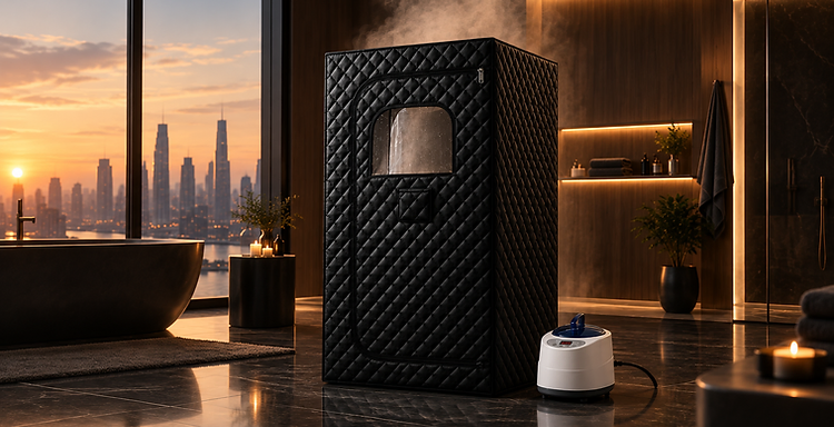 Ayanity Restore sauna in a luxury bathroom at dusk