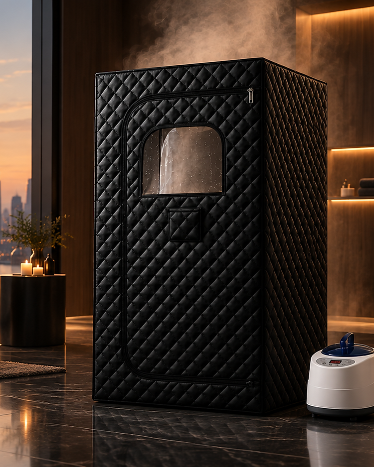 Ayanity Restore sauna in a luxury bathroom at dusk