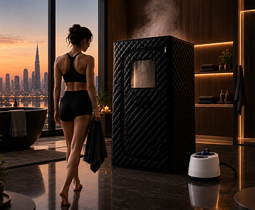 Woman walking toward the quilted sauna in a spa bathroom