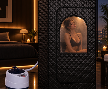 Sauna with woman inside beside a glowing bedside lamp
