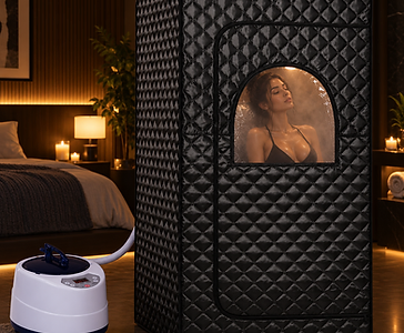 Quilted sauna set up beside a bed in a dim bedroom