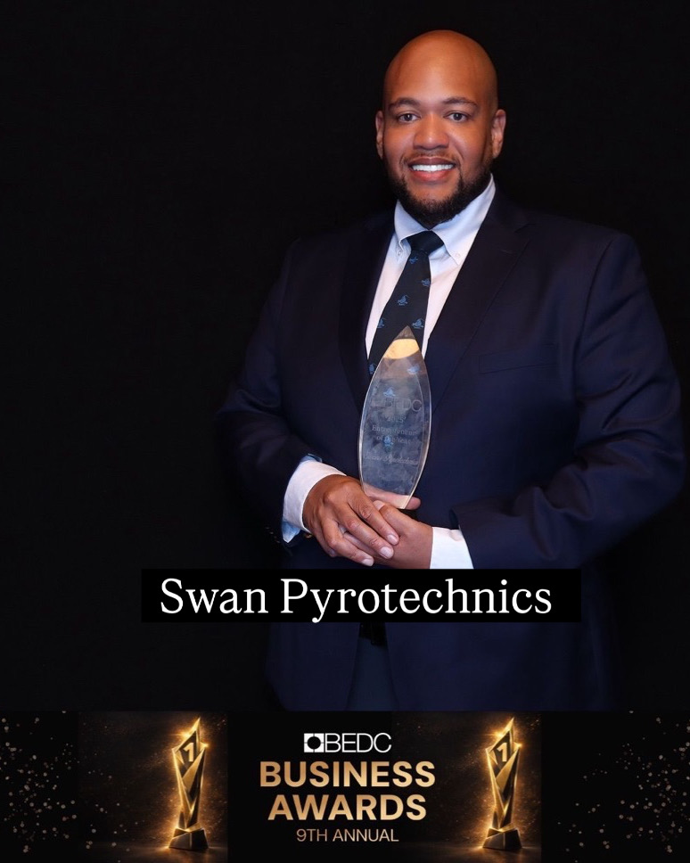 Kyle Westmore Swan, CEO and founder of Swan Pyrotechnics, with a BEDC Business Award