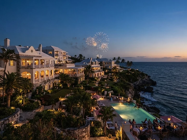 Luxury Bermuda resort at twilight with elegant fireworks