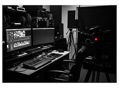 Film editing suite with cinema camera