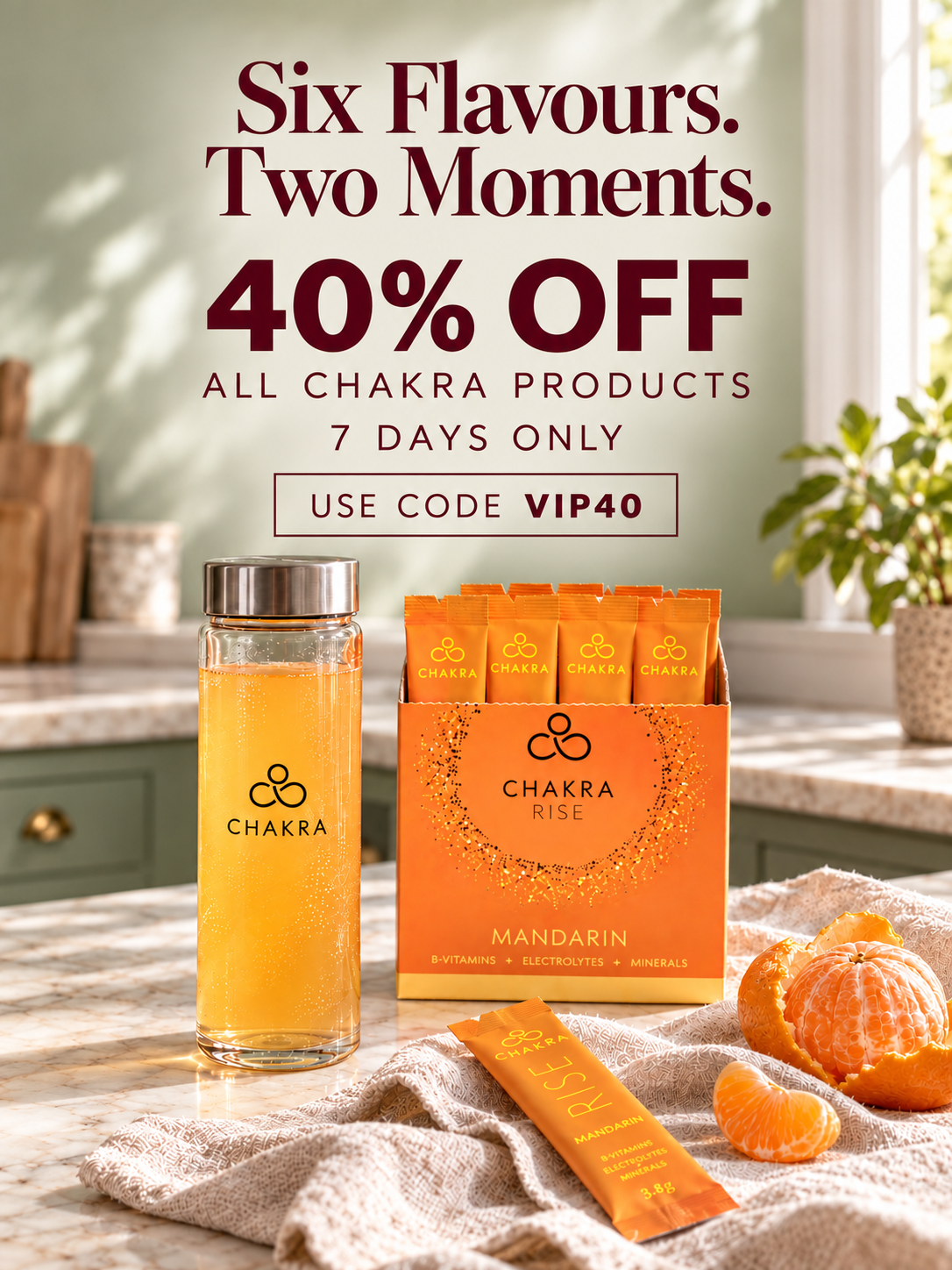 CHAKRA Rise mandarin electrolyte sachets — 40% off all Chakra products with code VIP40