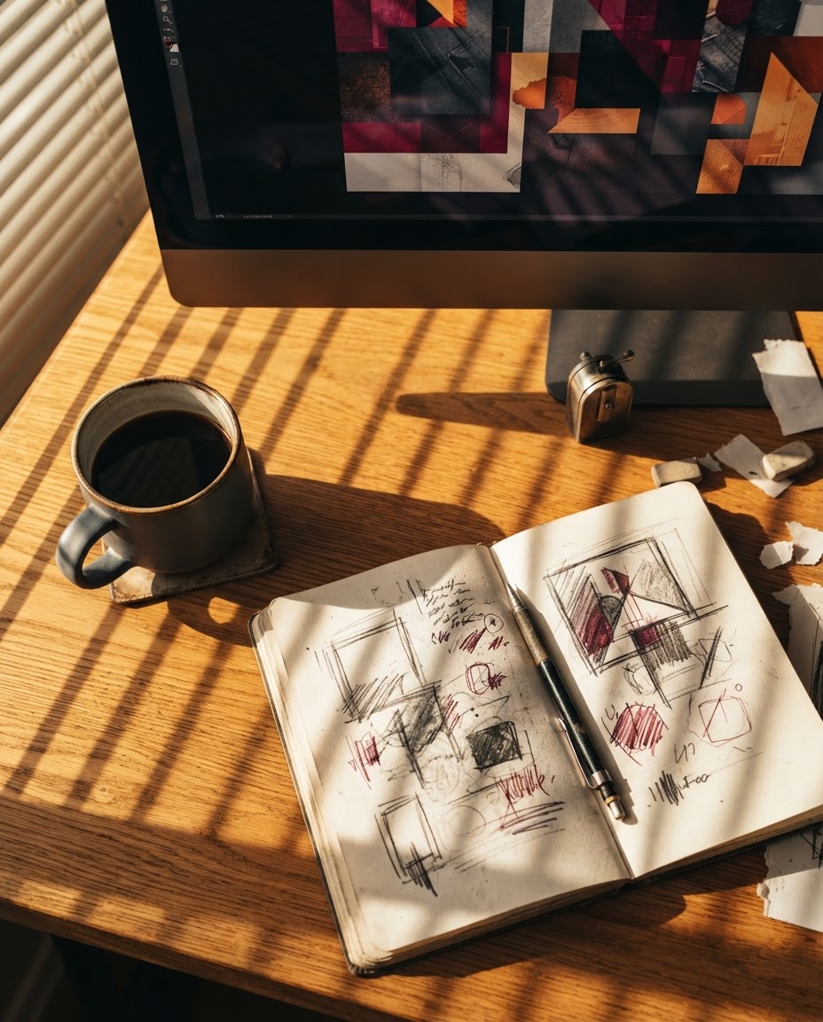 Designer's desk in Negril with a website layout on screen