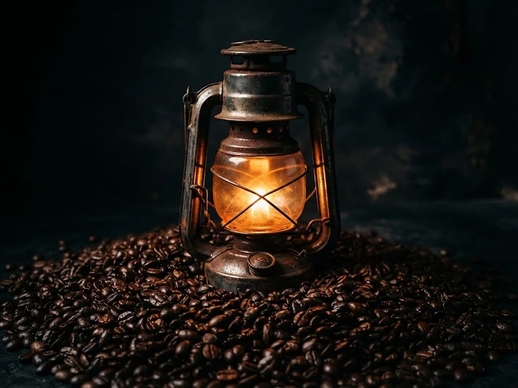 A vintage railroad lantern glowing on a pile of dark roasted coffee beans