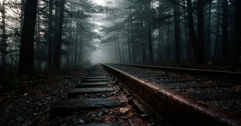 A rusted iron rail disappearing into a foggy forest of eastern white pines