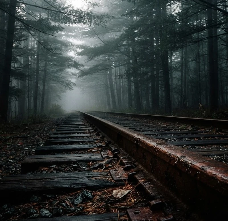 A rusted iron rail disappearing into a foggy forest of eastern white pines