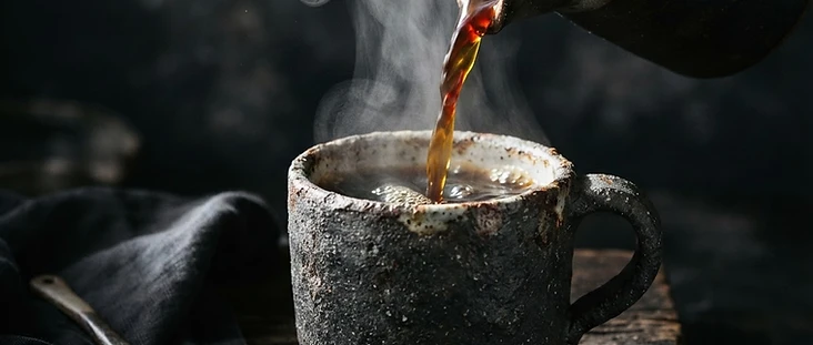 Steaming coffee poured into a heavy granite-textured stoneware mug