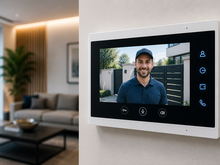 White wall-mounted intercom monitor showing a video feed for managed entry inside a residence