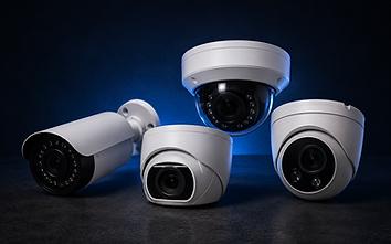 Studio shot of four modern white security cameras on dark surface with blue backdrop