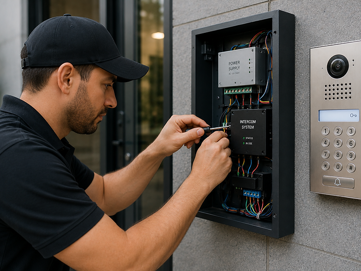 Technician installing an intercom system with access control panel on a stone wall