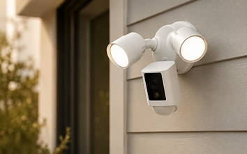 White smart floodlight security camera mounted on light gray horizontal siding at a residence