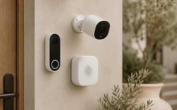 Video doorbell, security camera, and chime mounted together on a beige wall