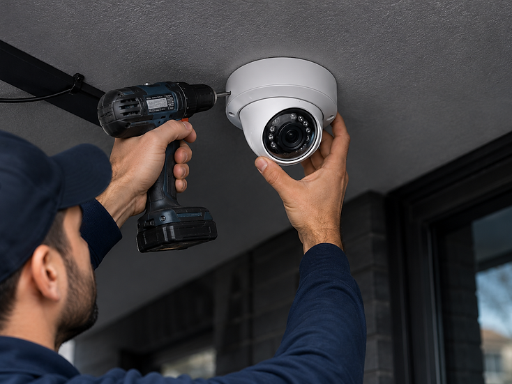 Technician installing a white dome security camera onto a ceiling