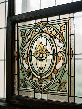 Původní vitráž Villa Klein — Jugendstil, geometrický ovál