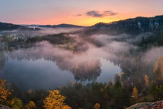Adršpach Rocks and a sandstone quarry in morning mist