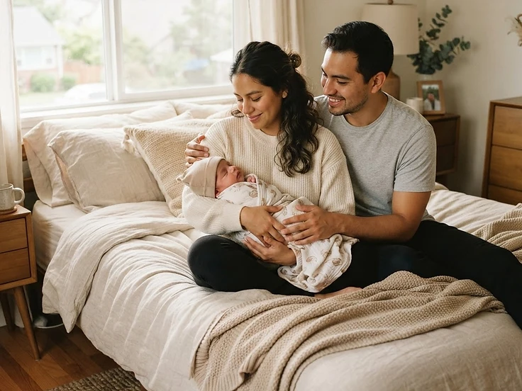 A diverse family with their newborn at home