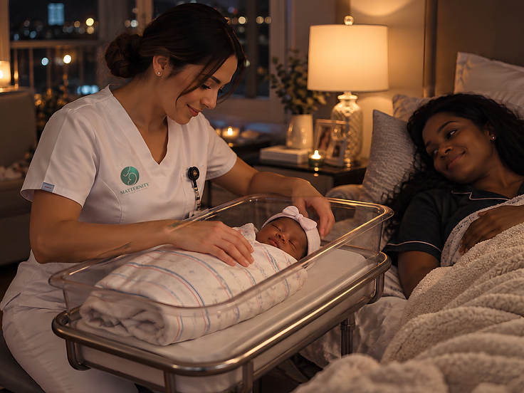 A caregiver gently adjusts a newborn's headband in a bassinet while the resting mother watches warmly
