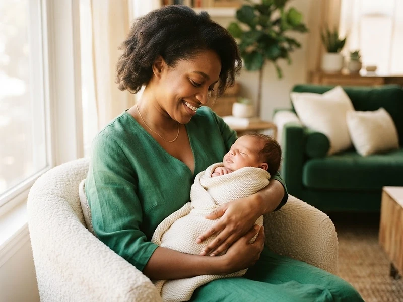 A mother holding her newborn at home in warm morning light