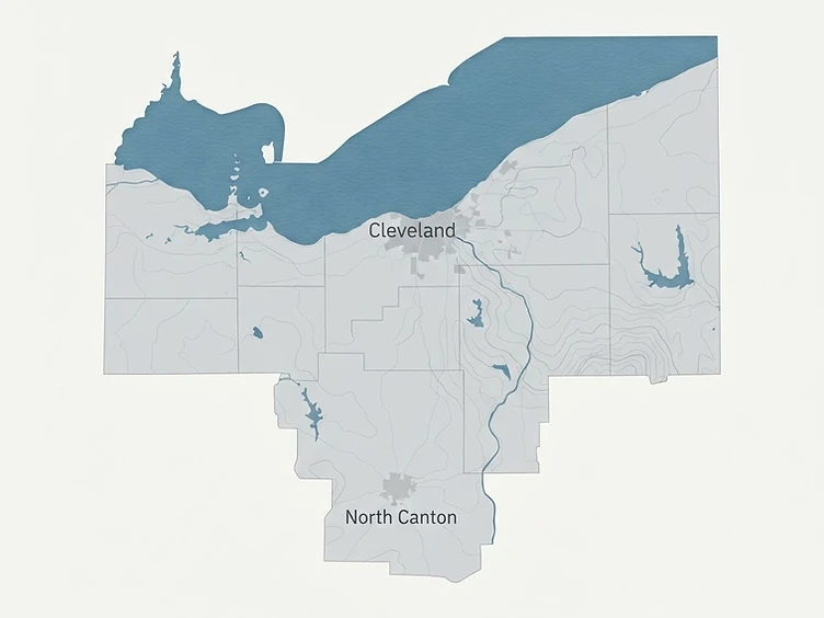 Map showing the service area around Cleveland and North Canton, Ohio