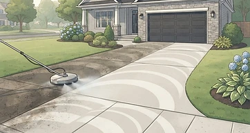 Illustration of a concrete driveway being cleaned with a surface cleaner, concrete surface cleaning, Bay Village, Ohio