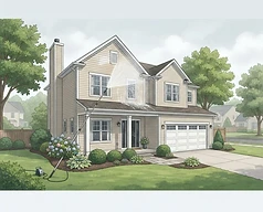 Illustration of a suburban home with vinyl siding being soft washed, residential house washing, Avon, Ohio