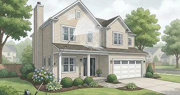 Illustration of a suburban home with vinyl siding being soft washed, residential house washing, Avon, Ohio