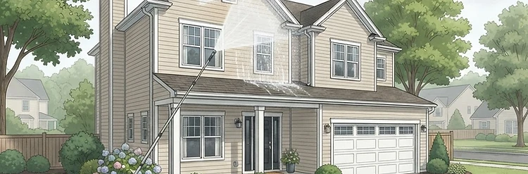 Illustration of a suburban home with vinyl siding being soft washed, residential house washing, Avon, Ohio