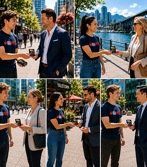 A smiling merchant handing a 604PROS to an engaged customer