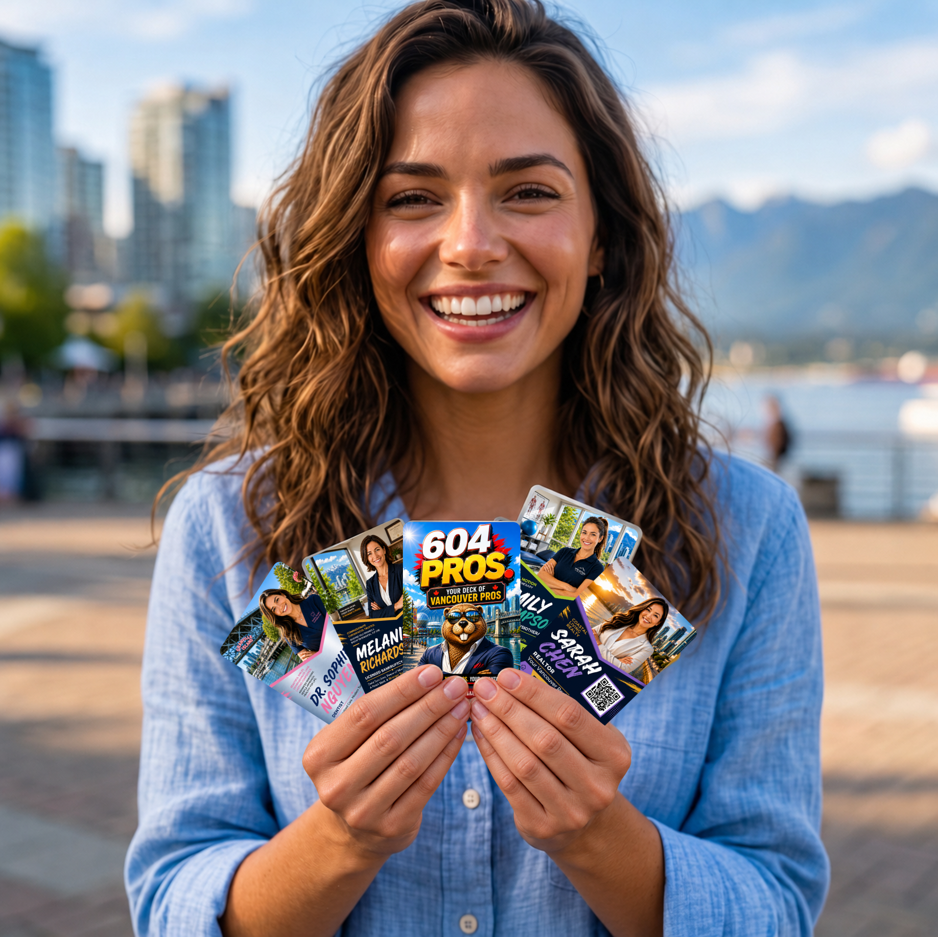 A happy person holding a fan of 604PROS cards